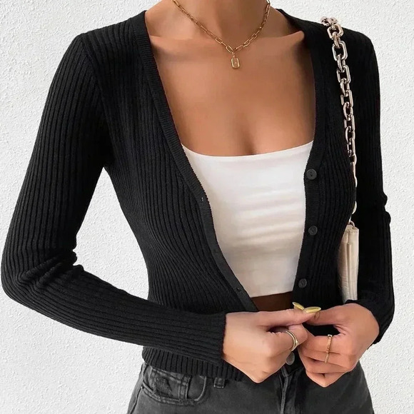 Black Casual Women's Ribbed Knit Button Front Cardigan - Picture 4 of 7